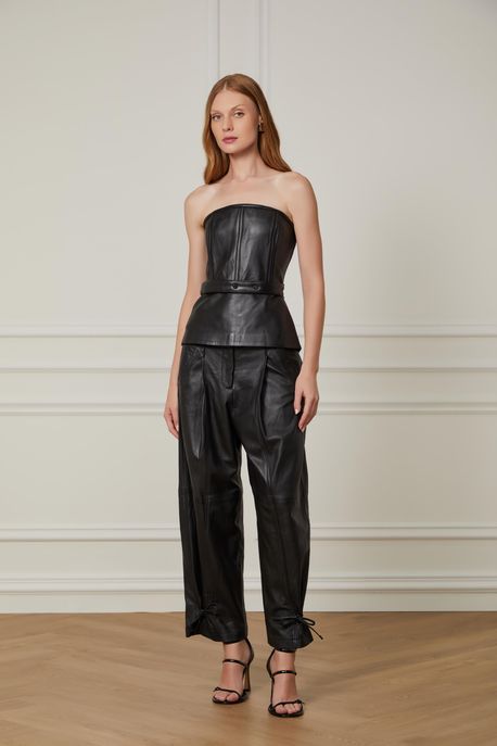 Calça De Couro Ampla Cós Duplo Preto - 34