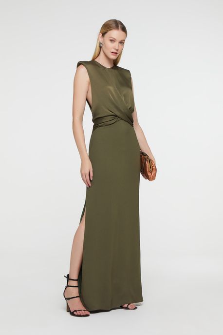 Vestido Longo Verde De Crepe Com Ombreira e Torção Verde Oliva - 40