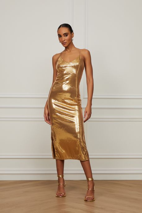 Vestido De Paetê Midi Dourado Reto Ouro Velho - 38