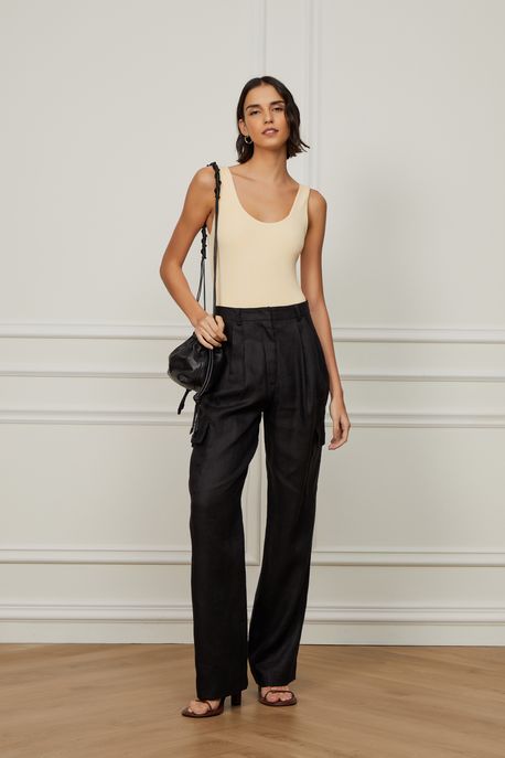 Calça De Linho Cargo Com Bolsos Preta Preto - 38