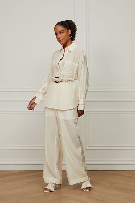 Calça Pantalona Com Franzido Na Lateral Amarelo Baunilha - 34