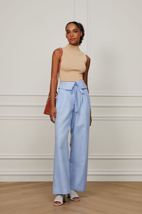 Calça De Tricoline Pantalona Azul Com Dobra No Cós Azul Hortencia - 40