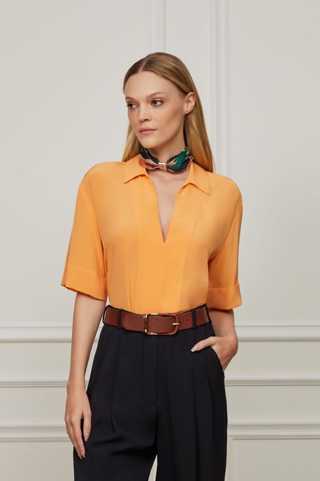 Camisa De Seda Polo Laranja Manga 3/4 Laranja Mock - 44