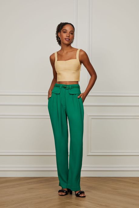 Top Cropped De Couro Recortes Bege Palha - 38