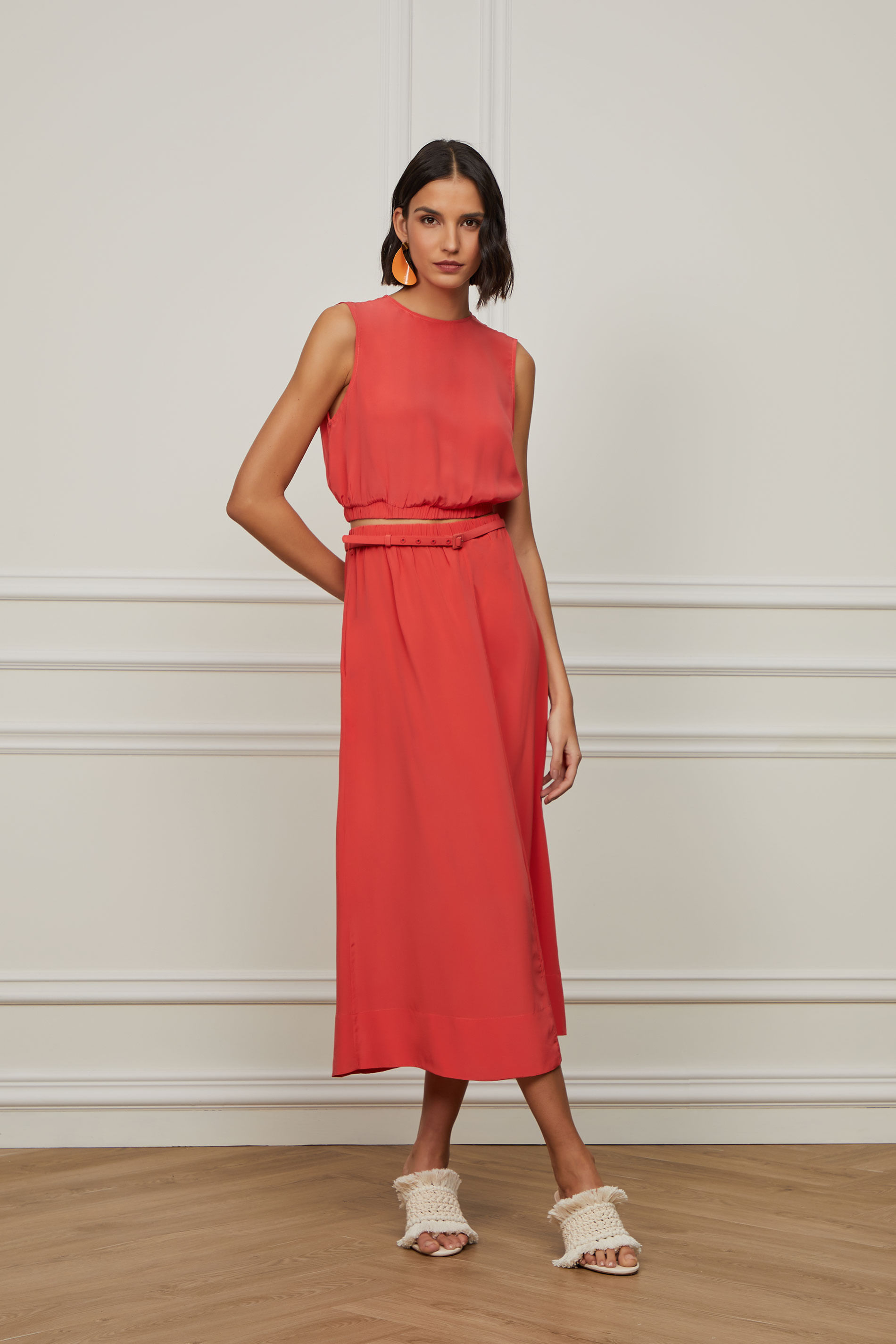 Top De Seda Cropped Coral Barra Com Elástico