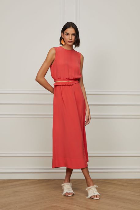 Top De Seda Cropped Coral Barra Com Elástico Coral Cayenne - 36