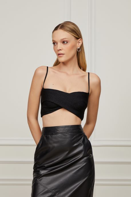 Top Com Decote Cruzado De Tricot Canelado Preto Preto - M