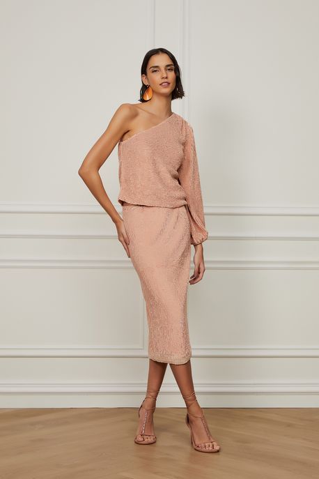 Blusa De Paetê Nude Um Ombro Nude Expresso - 36