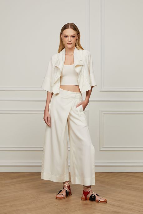 Top De Tencel Mini Parka Com Manga Curta Off White - 40