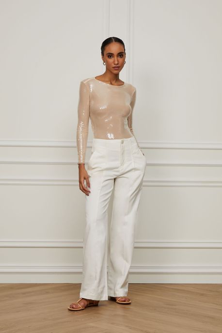 Body Malha Manga Longa Paetê Nude Bege Palha - M