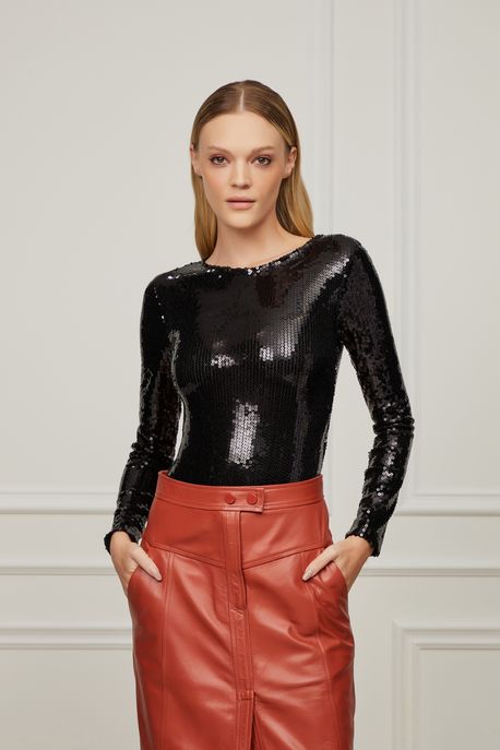 Body De Paetê Com Manga Longa Preto Preto - PP