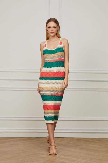 Vestido Sem Manga Com Listras Intarcia De Tricot Colors Bege Praia/ Bege Aveia/ Verde Oceanico/ - P