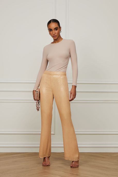 Calça De Paetê Bege Flare Bege Praia - 40