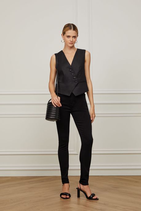 Calça Jeans Skinny Basic High Long Black Jeans Black Escuro - 40