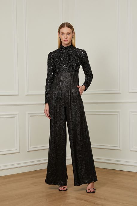 Macacão De Paetê e Crepe De Lurex Preto Gola Alta e Manga Longa Preto - 40