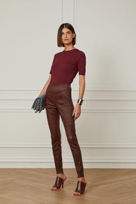 Calça De Couro Stretch Cintura Alta Marrom Raiz - 36