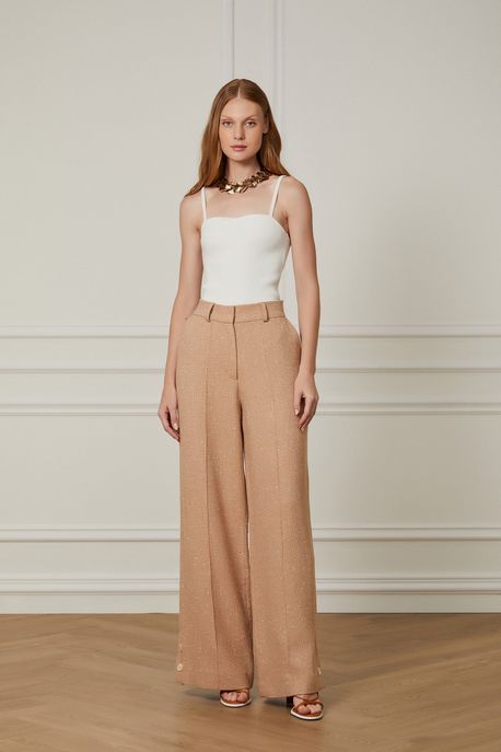 Calça Pantalona De Cintura Alta Com Botões Laterais Nude - 36
