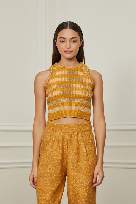 Top Cropped Listras Tricot Linhaca/Linho Papilo - P