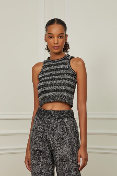 Top Cropped Listras Tricot Mescla Cinza Escuro - P