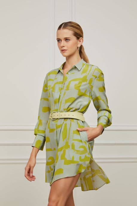 Vestido De Seda Chemise Curto Estampado Abstrato Expressao Preenchido Oceanico e - 36