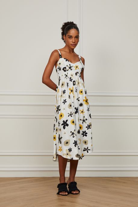 Vestido De Viscose Midi Estampado Com Elástico Cintura Est Floral Aquarela Color p - 38
