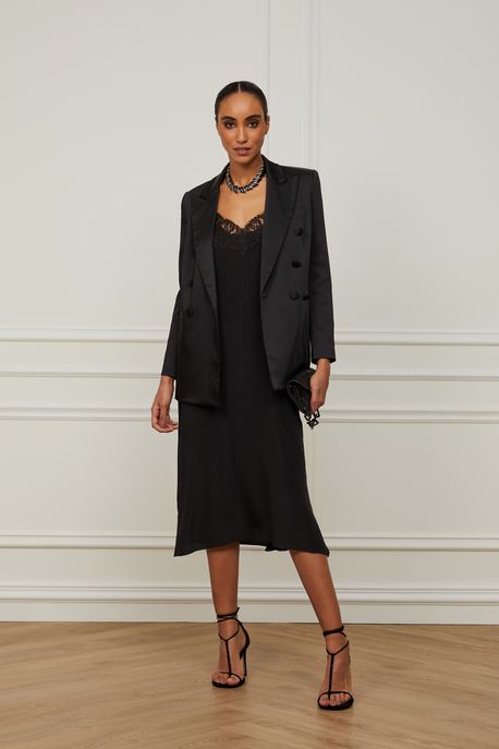 Vestido De Seda Midi Preto Renda Aplicada