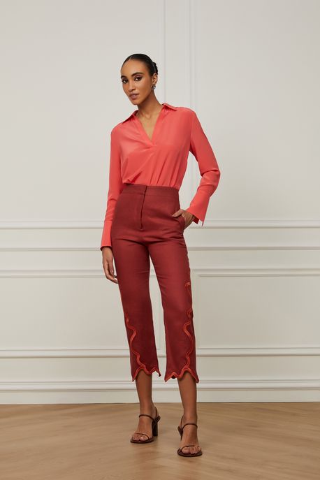 Calça De Linho Com Bordado Marrom Raiz - 40