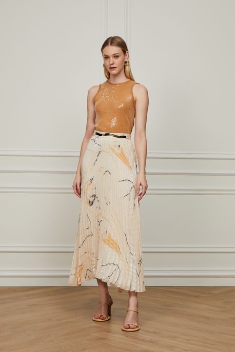 Saia Plissada Midi Estampada Fig Mulher Simboose Aveia a Ochre m - 42