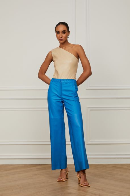 Calça De Couro Ampla Pespontada Azul Monaco - 36