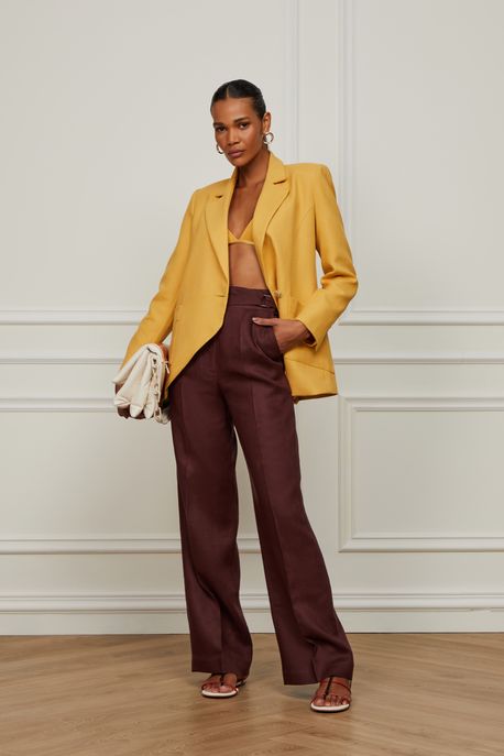 Calça De Linho Reta Marrom Chocolate Com Botões No Cós Marrom Chocolate - 38