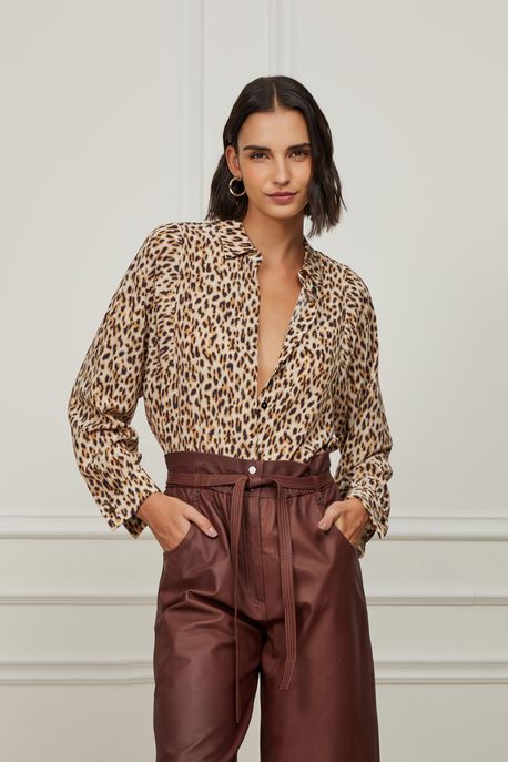 Camisa De Seda Com Abotuadura Estampada
