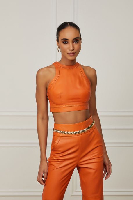Top Cropped De Couro Nadador Bordado Laranja Queimado - 36