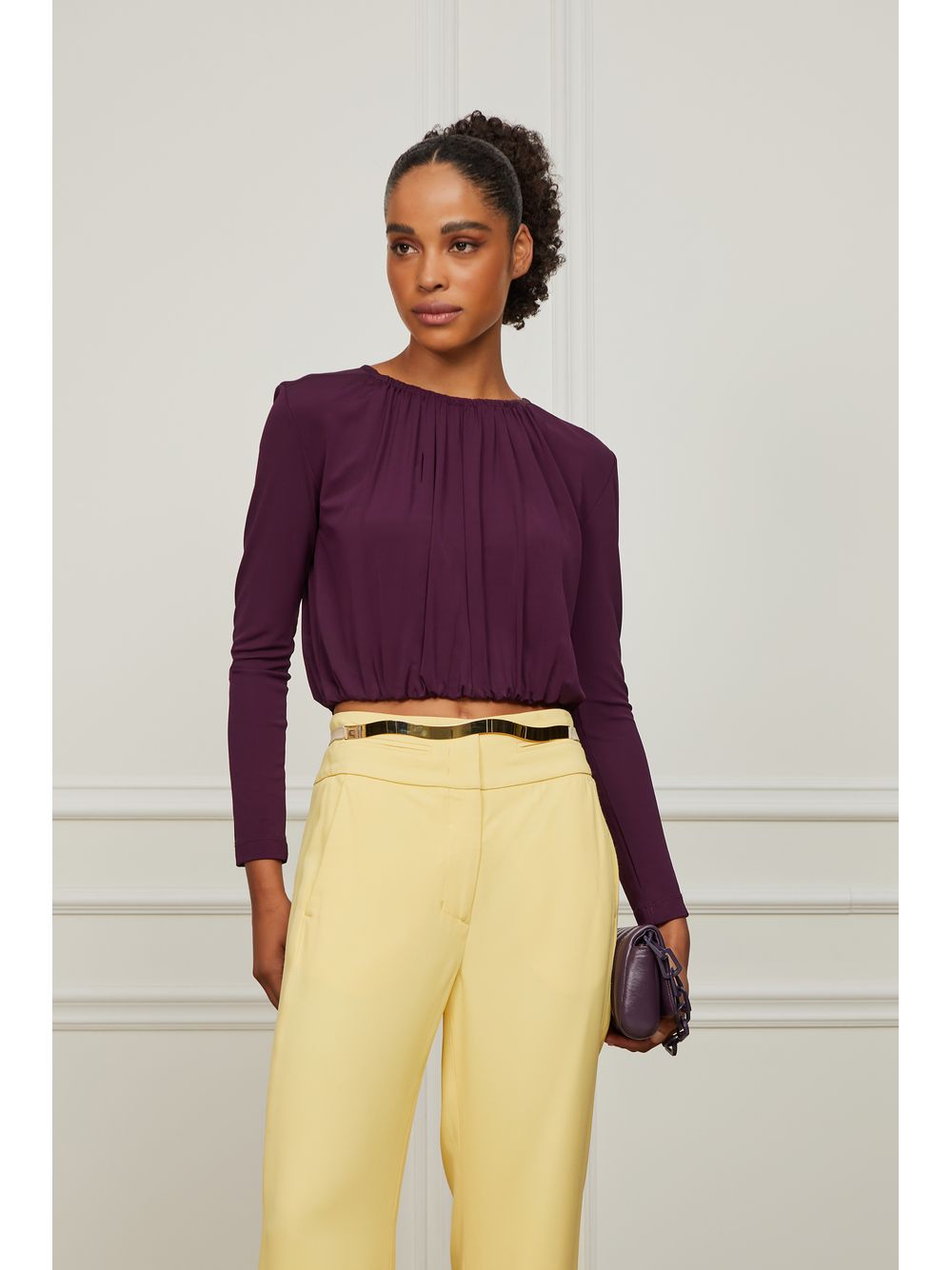 Animale — Blusa Cropped Com Pregas Jersey Ameixa
