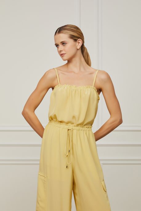 Regata De Seda Amarelo Com Decote Quadrado e Alças Amarelo Citron - 40