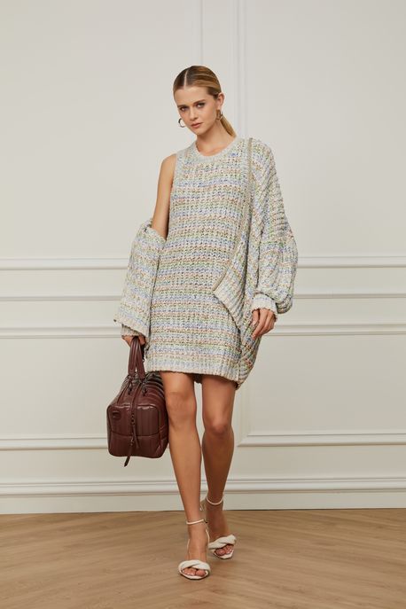 Vestido Com Ponto Color De Tricot Multicolor Bege Praia / Verde Oceanico / Azul Horte - G