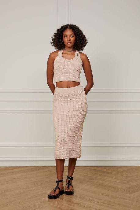 Saia De Tricot Ponto Crochet Nude Expresso - P