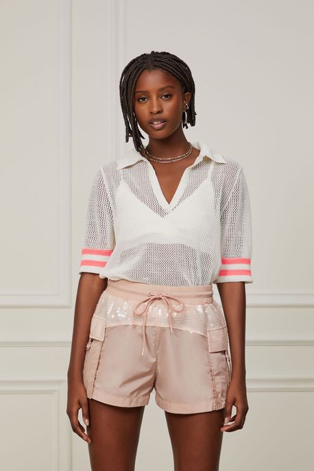 Short De Nylon Com Paetê e Bolso Nude Expresso + Paete - M