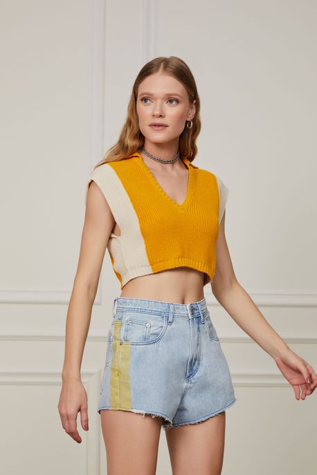 Short Jeans Box Faixas Bicolor Jeans Claro - 38