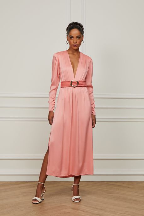 Vestido De Seda Midi Decote v Rosa Com Cinto
