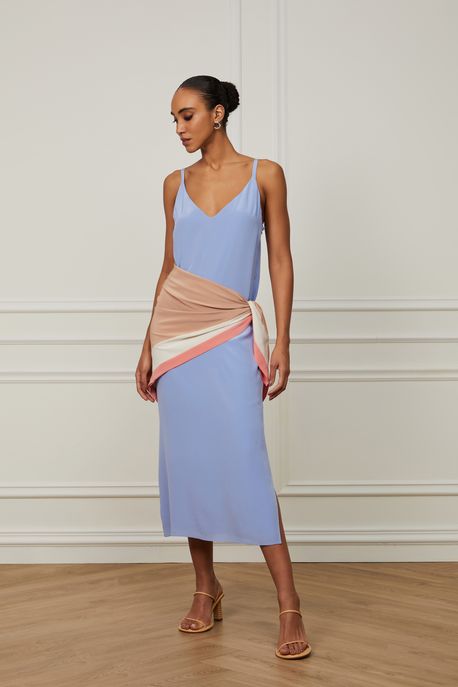Vestido De Seda Midi Azul Com Lenço Azul Hortência - 38