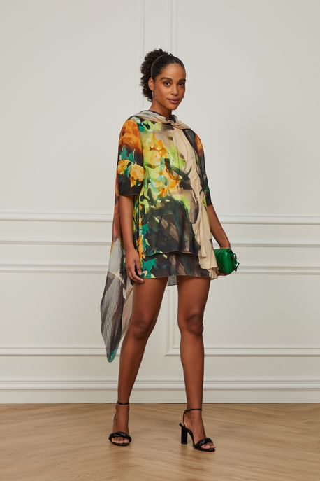 Vestido De Georgette Leve Curto T-Shirt Estampado Est Loc Floral Maki Lime e Mock m - 36