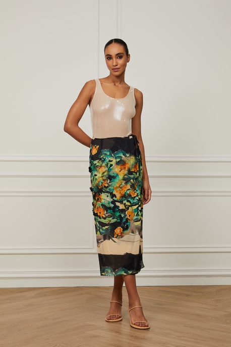 Saia De Georgette Leve Pareô Bordada Com Hotpants Est Loc Floral Maki Lime e Mock m - 40