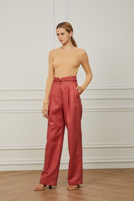 Calça De Linho Reta Coral Com Cós Sobreposto Coral Caqui - 38