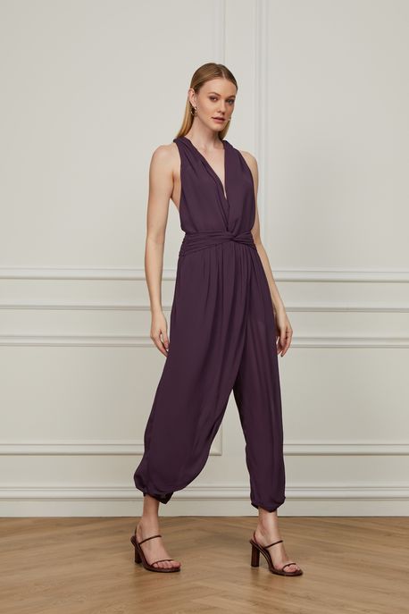 Macacão De Georgette Pesado Roxo Decote Costas Torcido Roxo Ameixa - 40