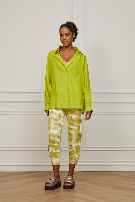 Camisa Manga Longa Oversized De Algodão e Linho Verde Mineral - P