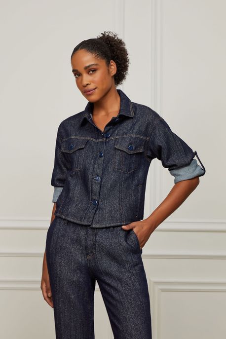 Jaqueta Jeans Basic Fios Lurex Jeans Escuro - G