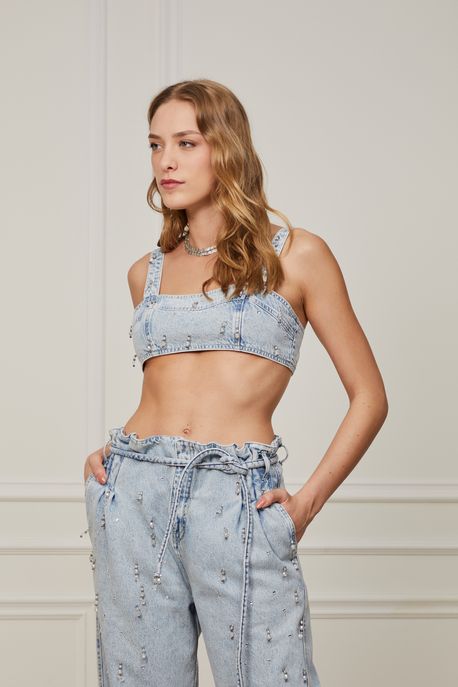 Top Jeans Bordados Jeans Claro - G