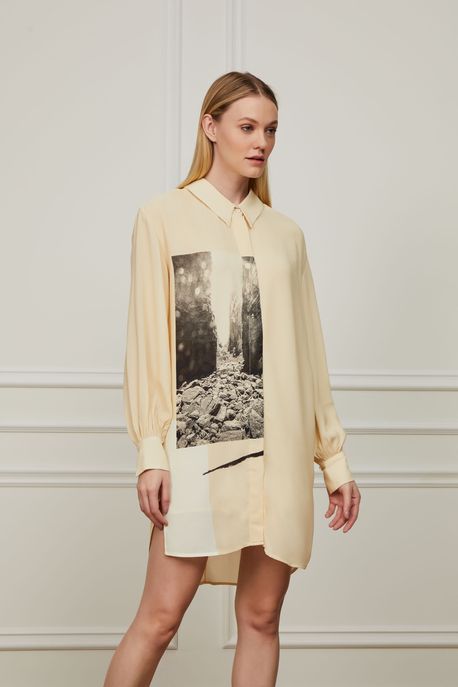Vestido De Georgette Pesado Chemise Amarração Costas Est Loc Rabisco Fotografico Baunilha - 36