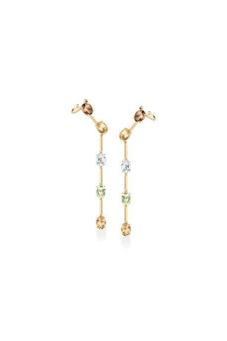 Brinco Shadows Longo Ouro Amarelo Com Quartzo Fume / Prasiolita / Quartzo Oliva / Topazio White - U