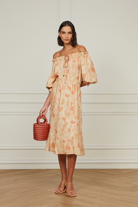Vestido De Viscose Midi Estampado Ombro a Ombro Est Onca Sobreposicao Baunilha e Mock - 34